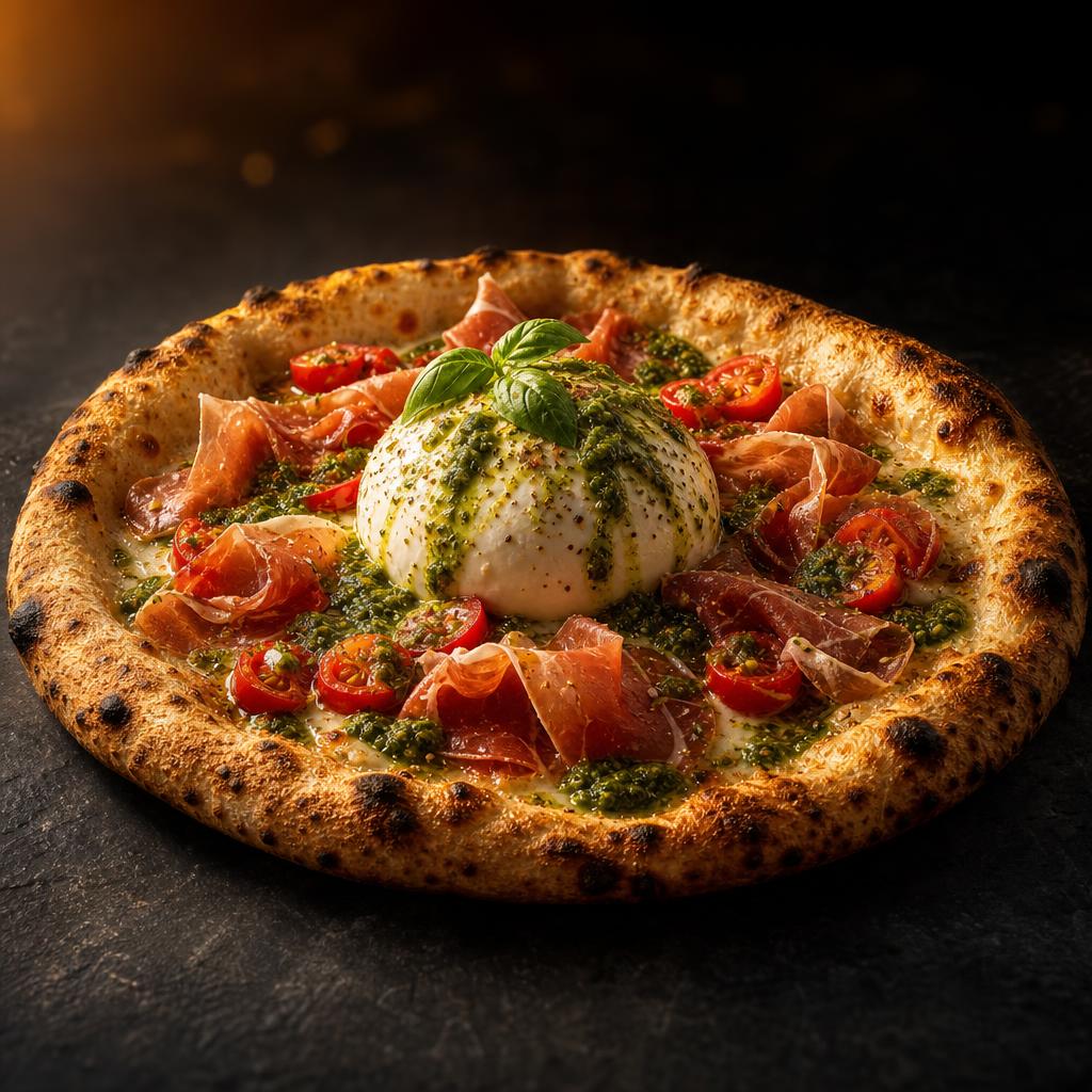 Áncorra burrata pizza with spritz terrace mood